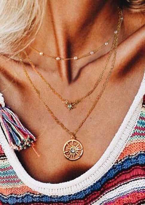 

3Pcs Vintage Sunflower Pearl Necklace Set - Gold, 501340