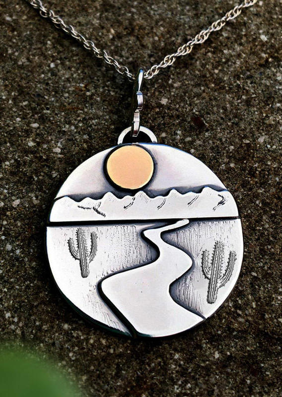 

Vintage Mountain Cactus Sunset Pendant Necklace - Silver, 501632