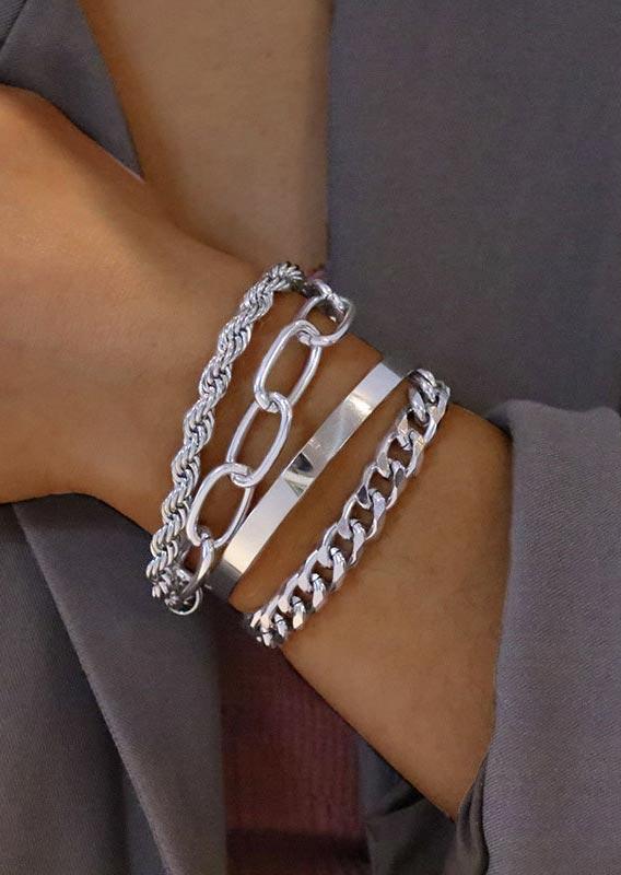 

4Pcs Hip-Hop Style Alloy Link Bracelet Set, Silver, 502296