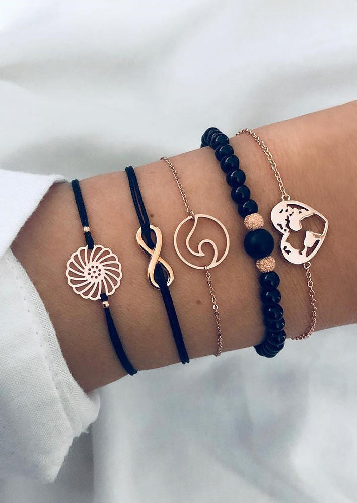

5Pcs Hollow Out Heart Flower Infinity Beading Bracelet Set, Black, 502592