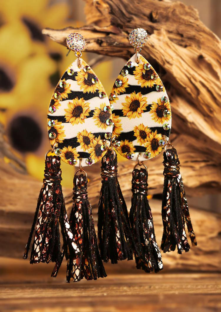 

Sunflower Striped Rhinestone Tassel PU Leather Earrings, Black, 502609