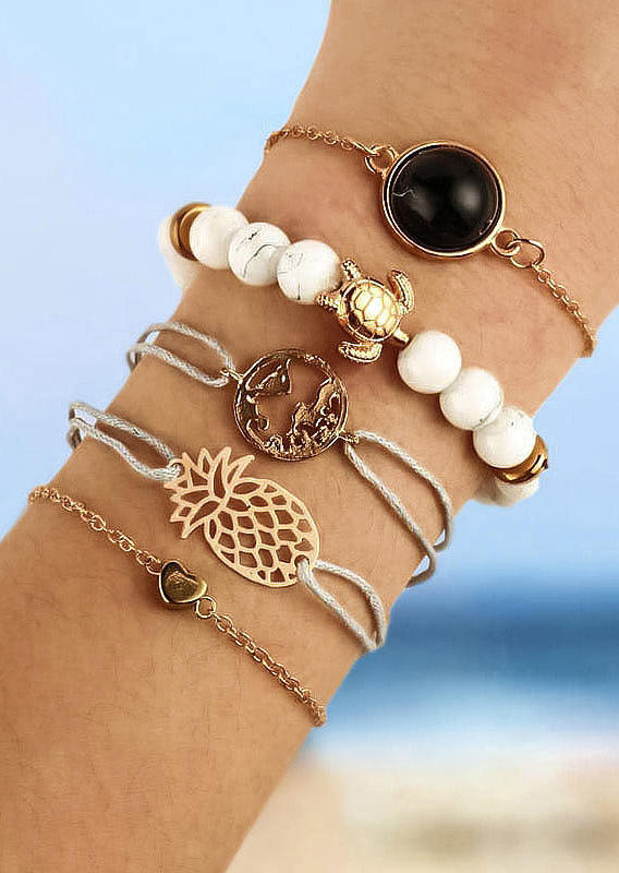 

5Pcs Bohemian Pineapple Turtle Beading Heart Bracelet Set, Gold, 502655