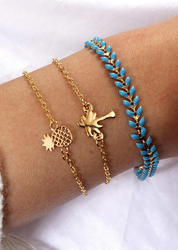 

3Pcs Pineapple Coconut Tree Wheat Alloy Bracelet Set, Gold, 503040