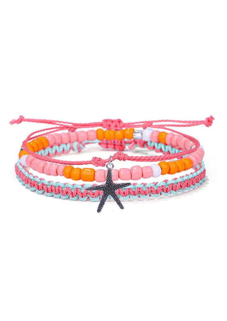 

3Pcs Dolphin Turtle Starfish Colorful Beading Braided Bracelet Set, Pink, 503367