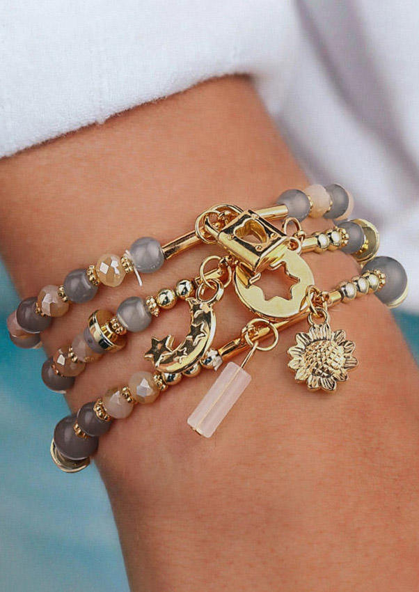 

3Pcs Bohemian Star Moon Sunflower Beading Bracelet Set, Gray, 503535