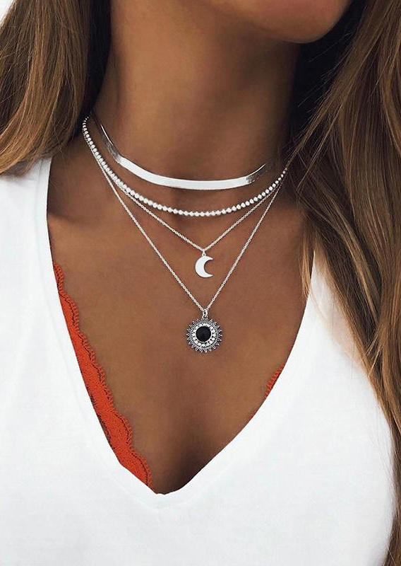 

3Pcs Moon Alloy Pendant Necklace Set, Silver, 503572