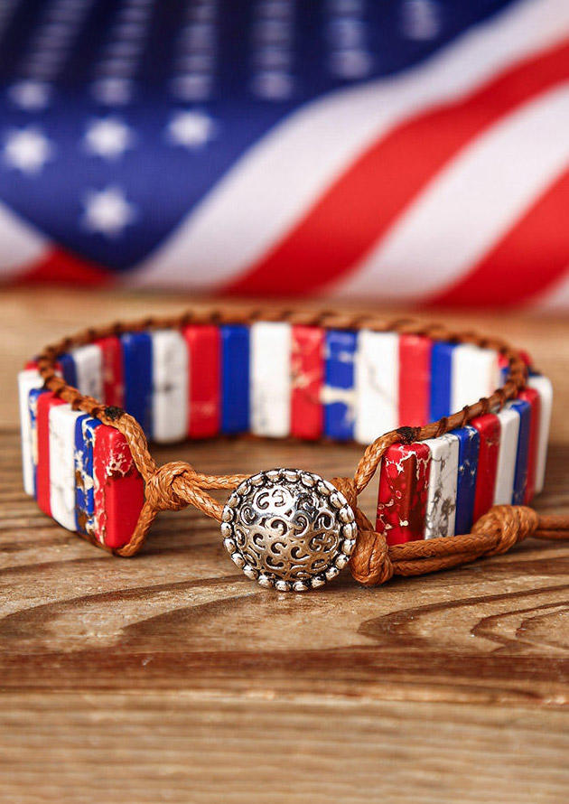 

American Flag Colorful Stone Adjustable Braided Bracelet, Multicolor, 504604