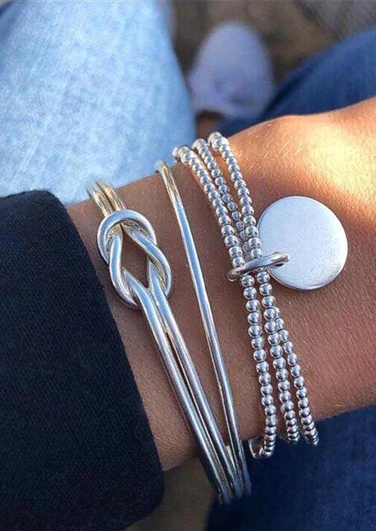 

3Pcs Classic Love Knot Beading Alloy Bracelet Set, Silver, 498364