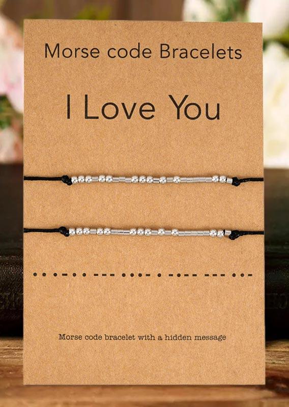 

2Pcs I Love You Beading Morse Code Adjustable Rope Bracelet Set, Silver, 502141