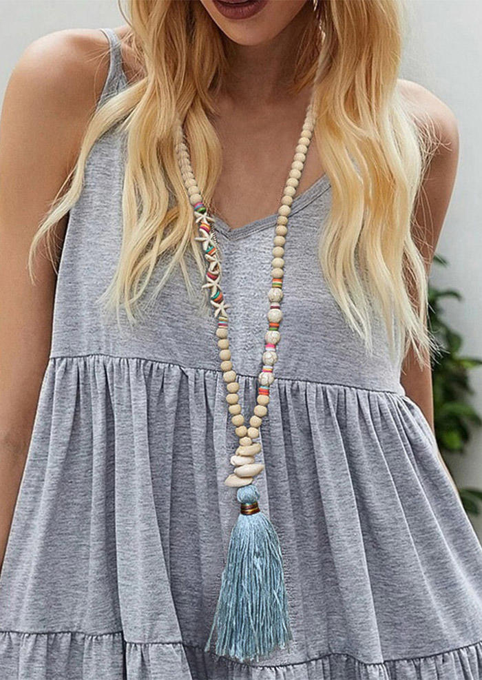 

Starfish Conch Wooden Bead Tassel Necklace, Light blue, 502990