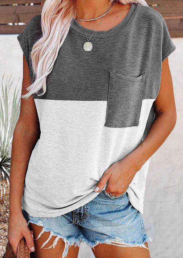 

Color Block Pocket O-Neck Blouse - Light Grey, 503758