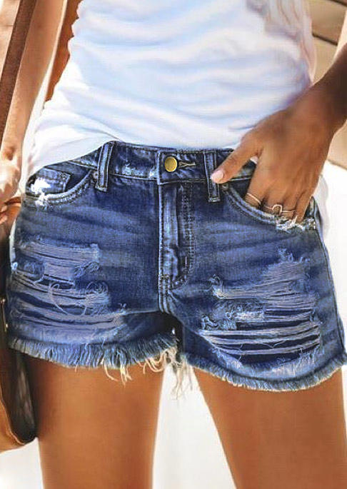 

Ripped Hole Pocket Frayed Hem Denim Shorts - Deep Blue, 505294