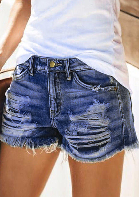 Ripped Hole Pocket Frayed Hem Denim Shorts - Deep Blue