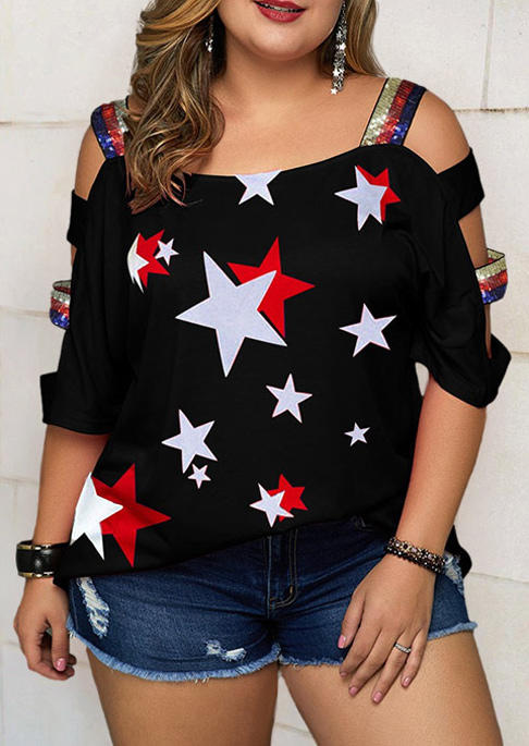 

Plus Size Star Hollow Out Cold Shoulder Blouse - Black, 505450