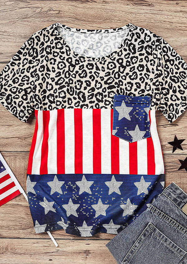 

Leopard American Flag Star Striped Pocket Blouse, Multicolor, 505818