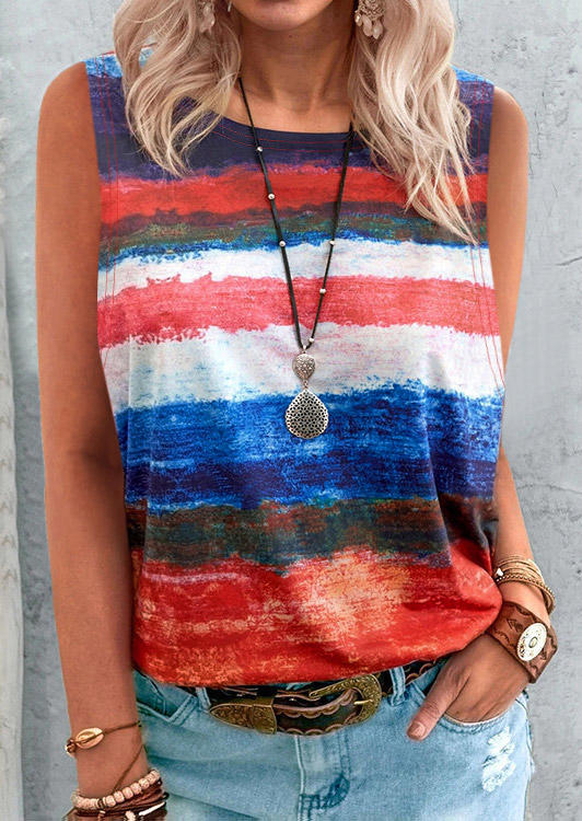 

Tie Dye Striped O-Neck Tank, Multicolor, 506061