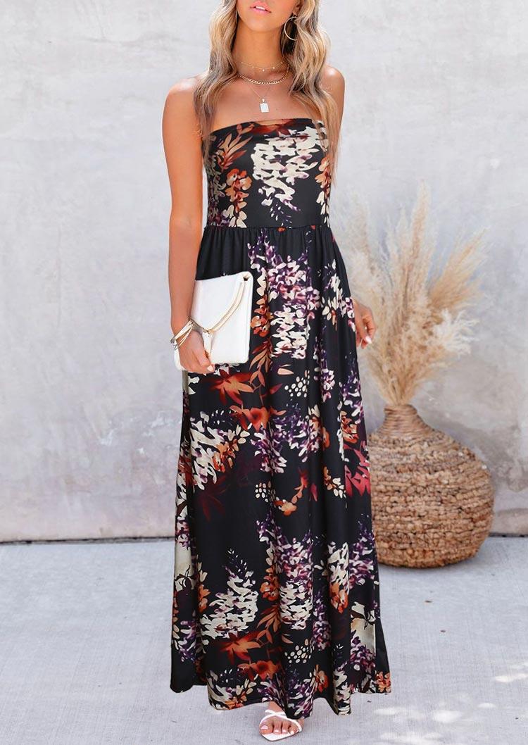 

Floral Ruffled Strapless Maxi Dress, Multicolor, 506088
