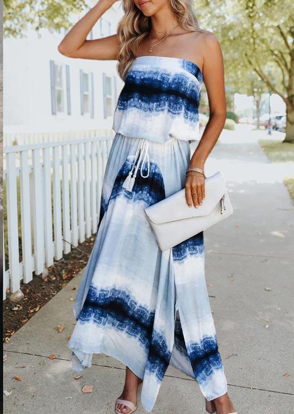 

Tie Dye Tassel Slit Ruffled Open Back Strapless Maxi Dress, Multicolor, 506122