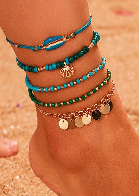 

4Pcs Bohemia Shell Beaded Alloy Anklet Set, Blue, 506142