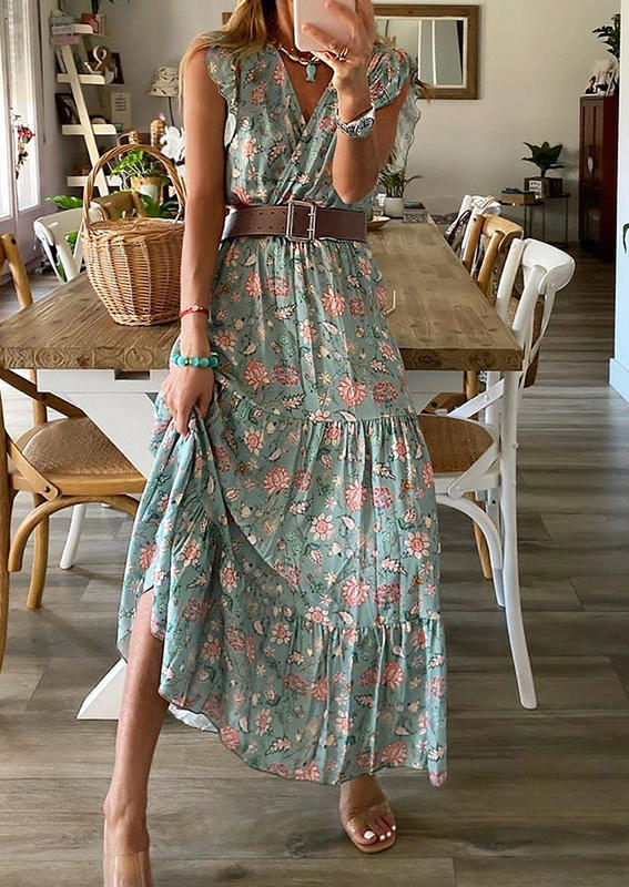 

Floral Ruffled Zipper V-Neck Maxi Dress, Multicolor, 506159