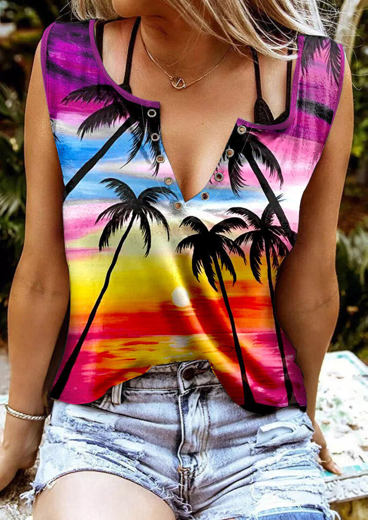 

Beach Sunset Coconut Tree Hole Casual Tank, Multicolor, 504299