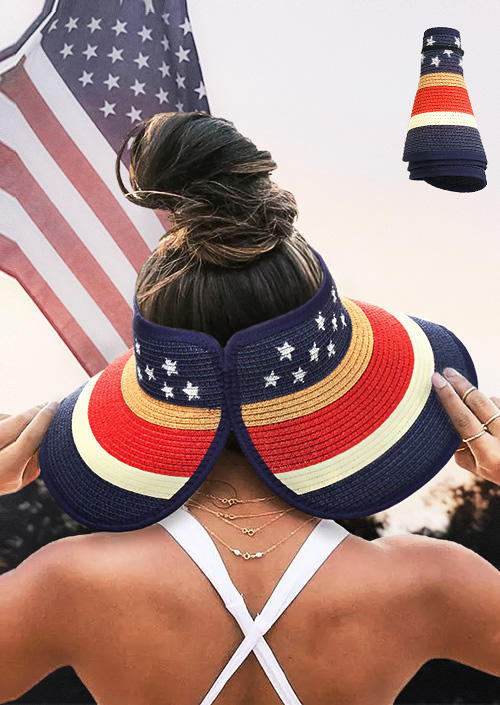 

American Flag Star Striped Hollow Out Rolled Up Straw Hat, Multicolor, 505122