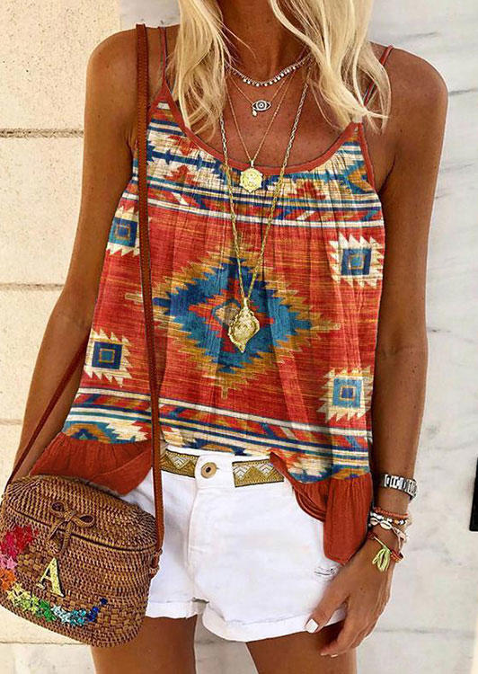 

Western Aztec Geometric Ruffled Camisole, Multicolor, 506276