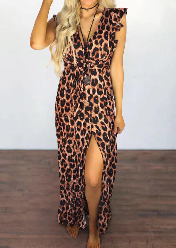 

Leopard Pocket Button Slit Maxi Dress, 506277