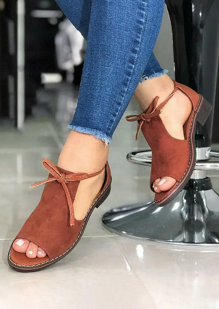 

Hollow Out Tie Peep Toe Sandals - Brown, 506283