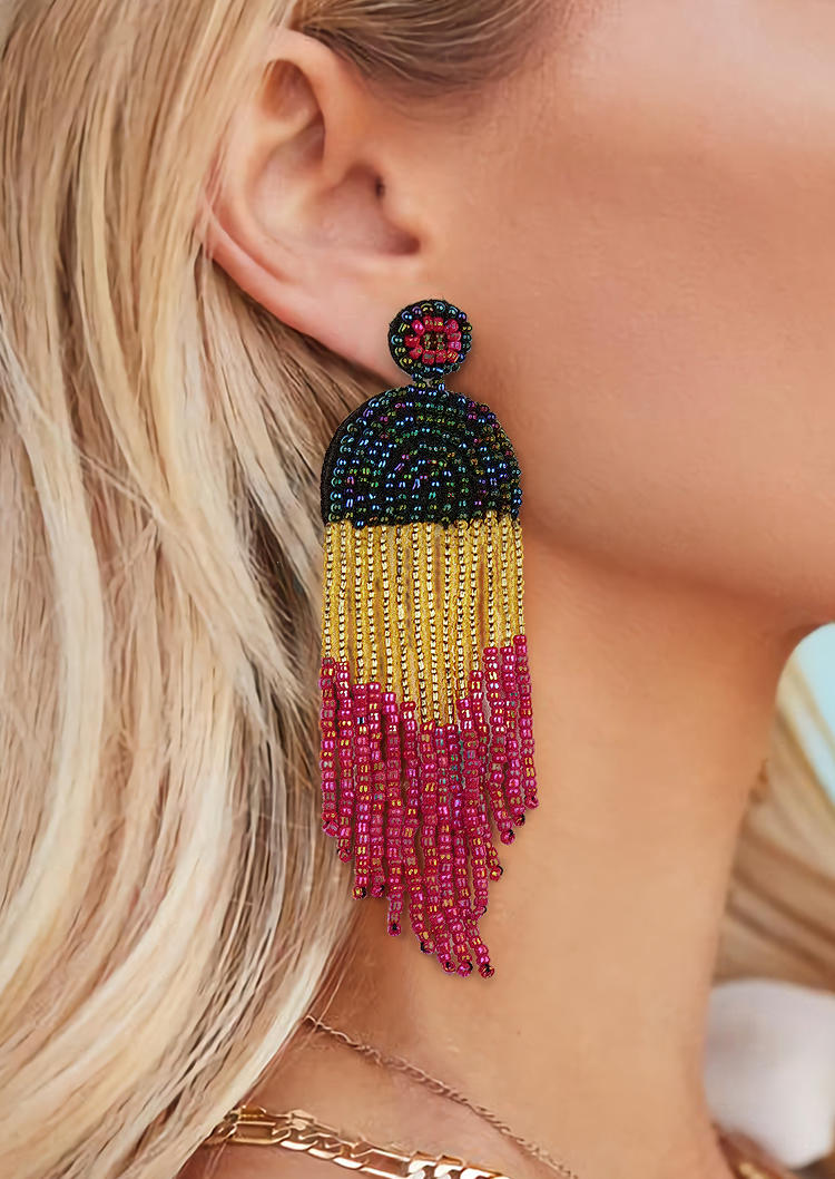 

Bohemian Color Block Beading Tassel Earrings, Red, 506284