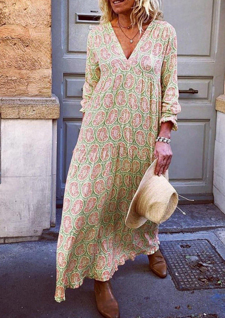 

Ruffled Three Quarter Sleeve V-Neck Maxi Dress, Multicolor, 506287