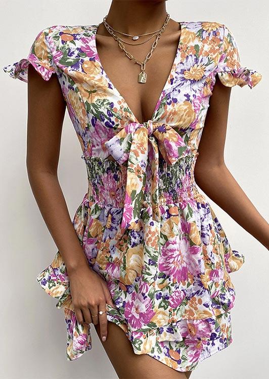 

Floral Ruffled Bowknot Tie Mini Dress, Multicolor, 506293