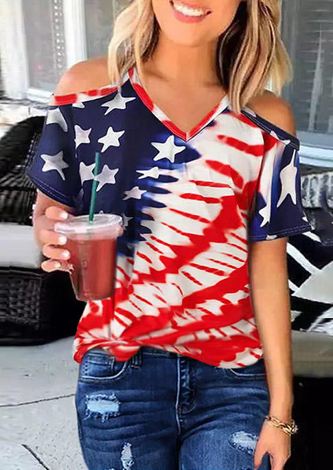 

American Flag Star Striped Cold Shoulder Blouse, Multicolor, 506295