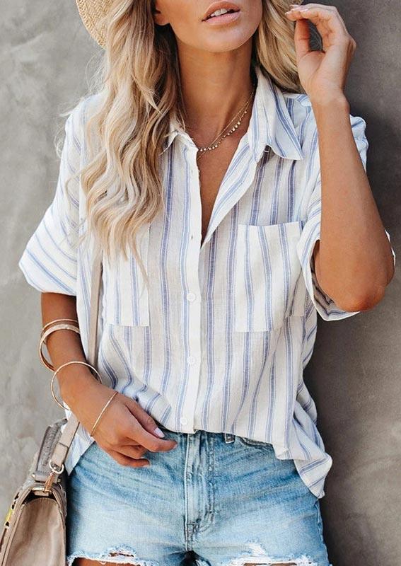

Striped Pocket Button Turn-Down Collar Shirt, Stripe, 506308
