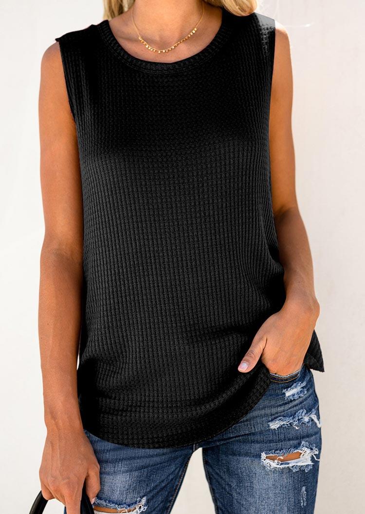 

Waffle O-Neck Sleeveless Casual Tank - Black, 506312