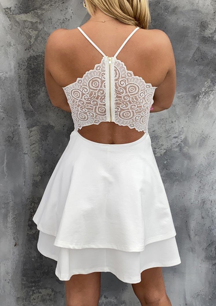 

Lace Splicing Open Back Spaghetti Strap Layered Mini Dress - White, 506321