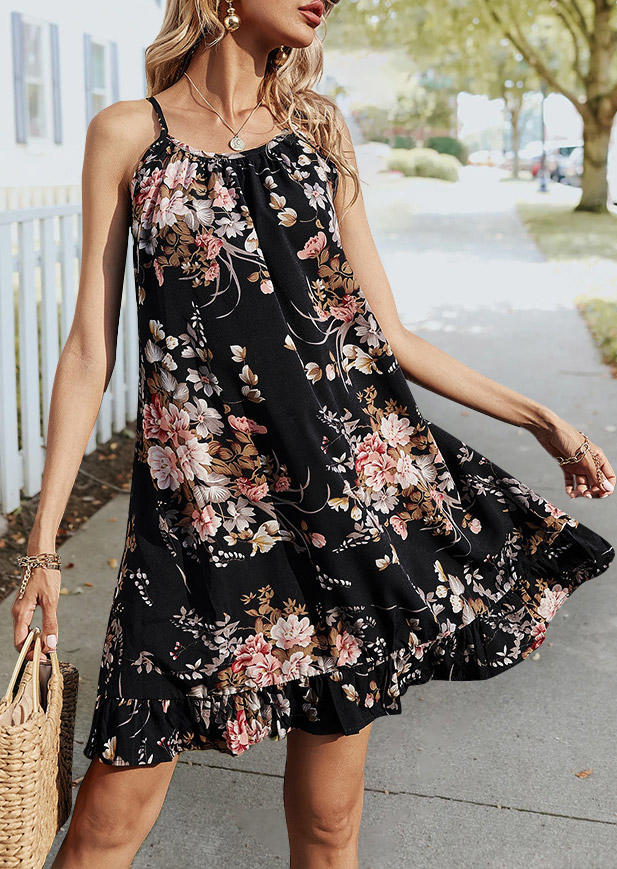 

Floral Ruffled Spaghetti Strap Mini Dress - Black, 506326