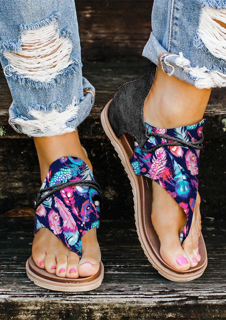 

Colorful Feather Zipper Thong Flat Sandals, Multicolor, 506351