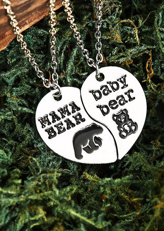 

2Pcs Mama Bear Baby Bear Splicing Love Heart Pendant Necklace Set, Silver, 492708
