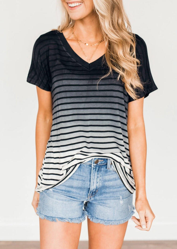 

Gradient Striped V-Neck Blouse - Black, 505900