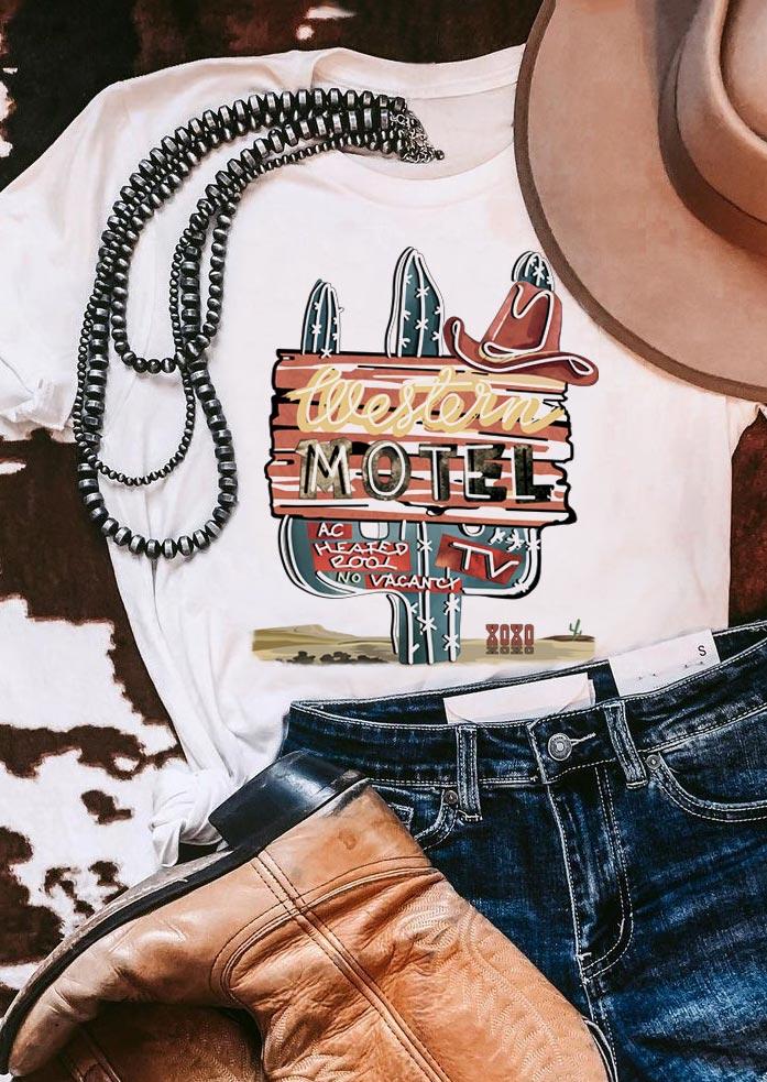 

Western Motel Cactus O-Neck T-Shirt Tee - White, 505910