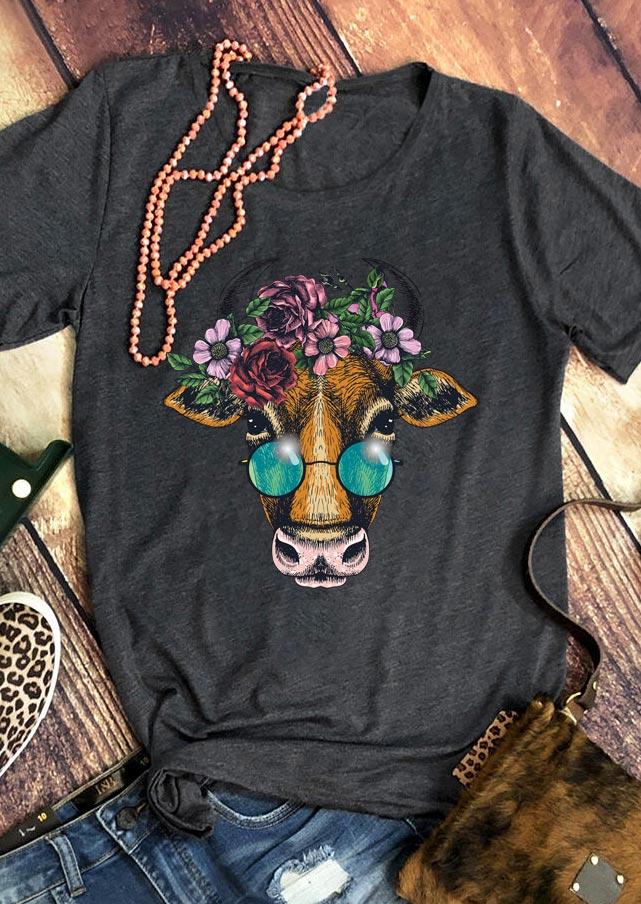 

Hippie Cow Floral O-Neck T-Shirt Tee - Dark Grey, 506004