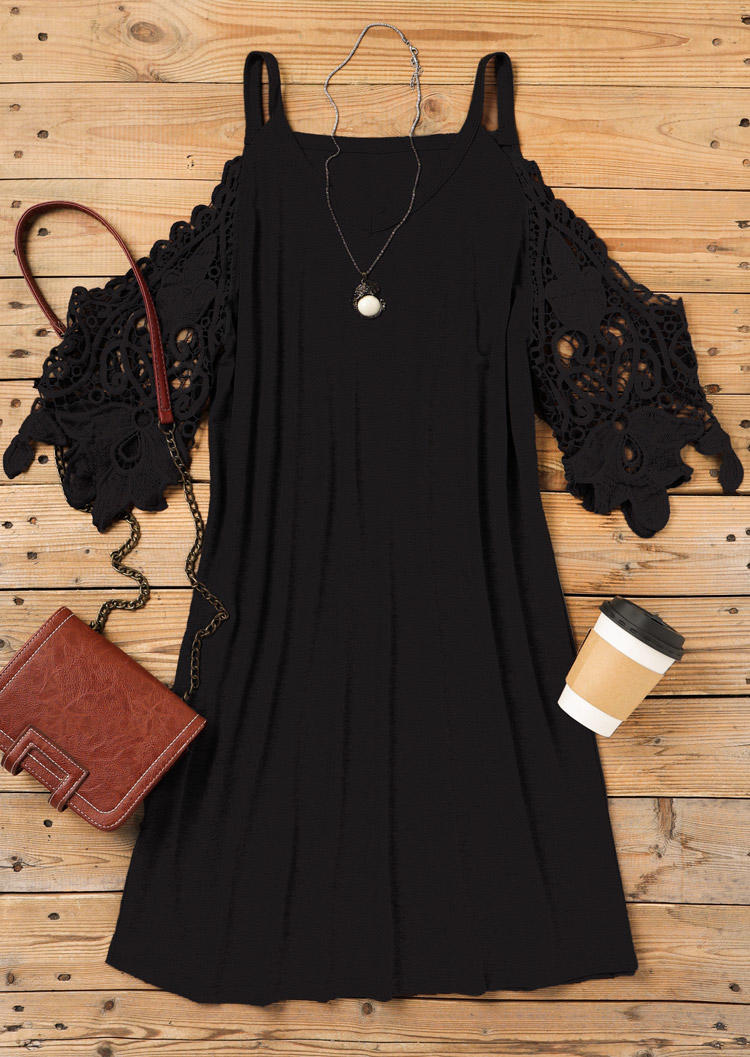 Lace Splicing Cold Shoulder Mini Dress - Black