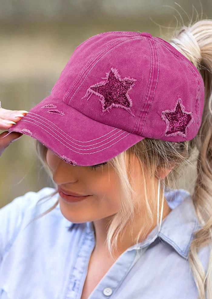 

Star Hollow Out Washed Distressed Baseball Cap, Rose red, 506294