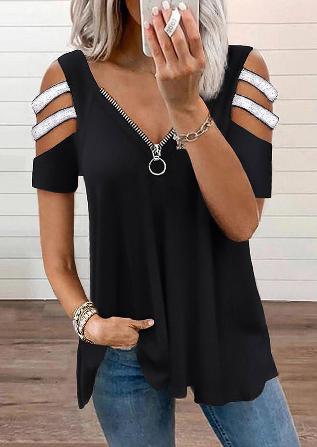 

Glitter Zipper Collar Cold Shoulder Blouse - Black, 506380