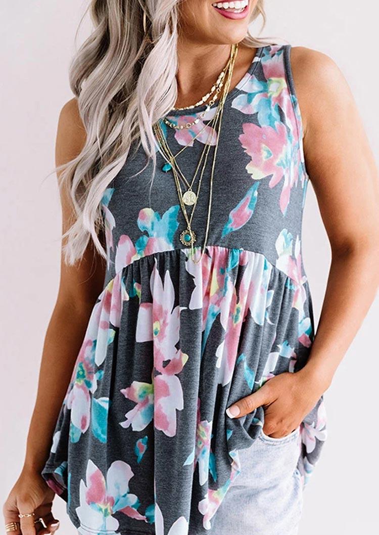 

Floral Ruffled Asymmetric Tank - Gray, 506418