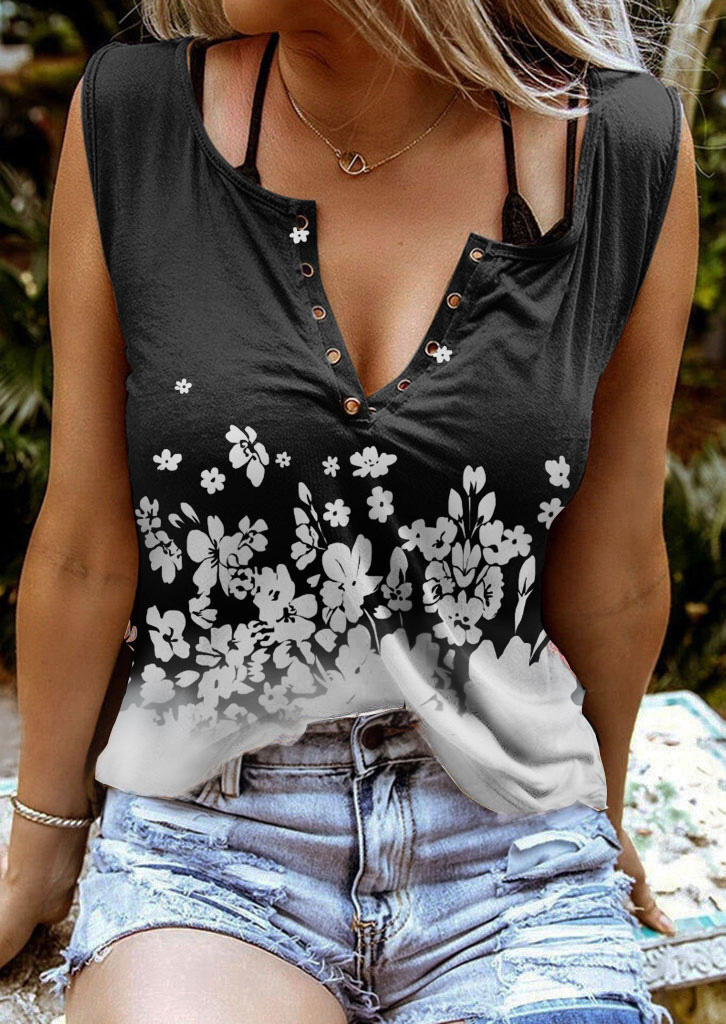 

Floral Notched Neck Tank without Black Camisole - Black, 506457