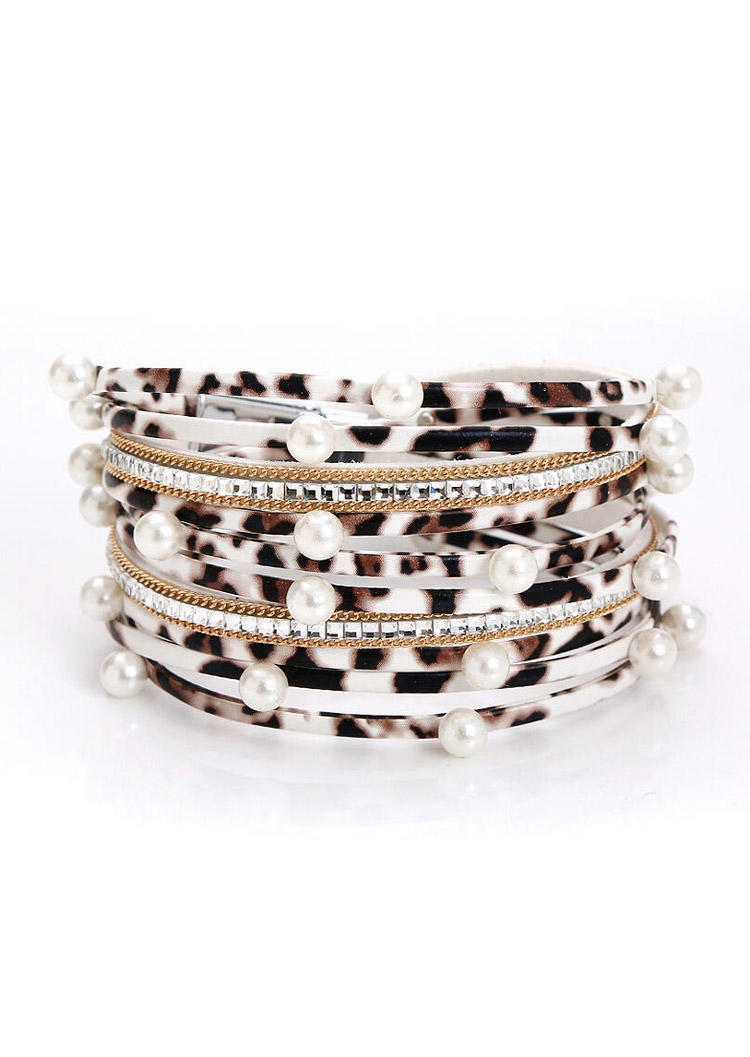 

Leopard Printed Pearl Multi-Layered PU Leather Bracelet, White, 460316