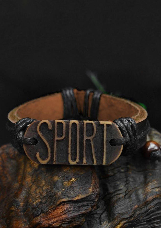 

Vintage Letter Beading Leather Adjustable Bracelet, Black, 494142