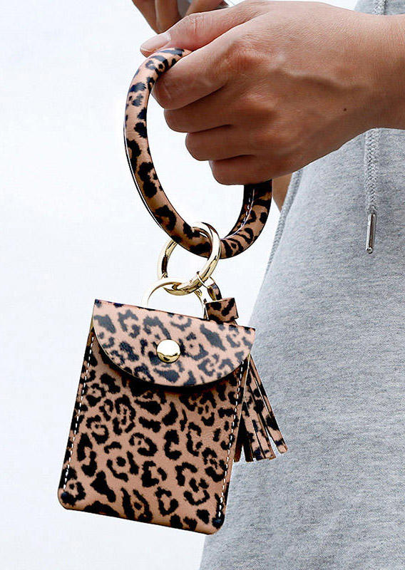 

Leopard Tassel Leather Bangle Keychain Card Holder, Coffee, 498488
